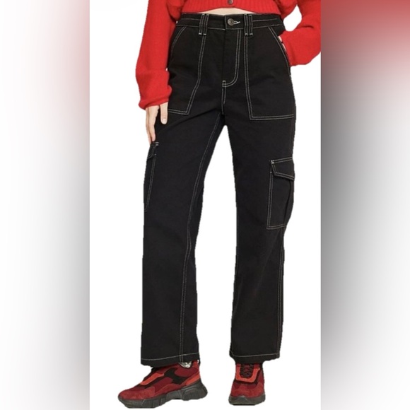 BDG Pants - BDG Urban Outfitters Black Denim Cargo Skate Pants White Contrast Stitching M
